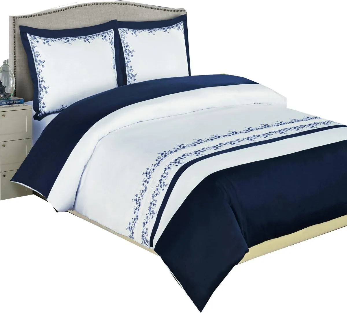 8pcs King Size Bed in a Bag Embroidered Amalia Navy & White Duvet Set Including Cotton 3pcs Duvet Cover Set  4pcs King Sheet Set  1pc King/California Down Alternative Comforter