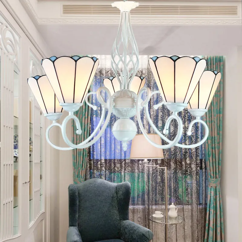Adjustable Chain Cone Chandelier â€“ 5 Lights, Traditional Pendant Light for Bedroom, White Glass