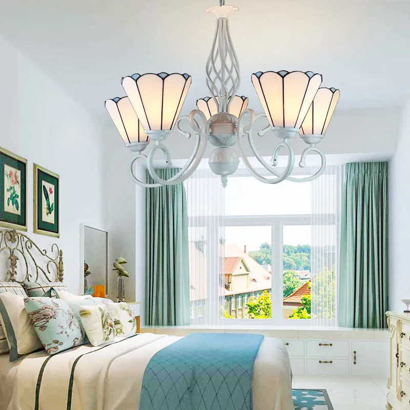 Adjustable Chain Cone Chandelier â€“ 5 Lights, Traditional Pendant Light for Bedroom, White Glass
