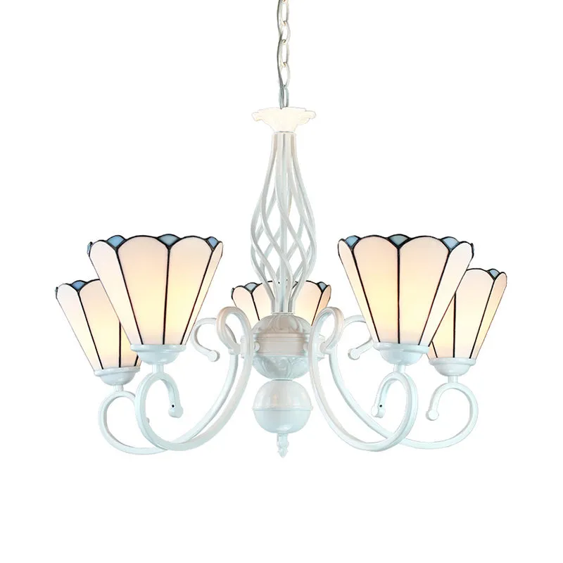 Adjustable Chain Cone Chandelier â€“ 5 Lights, Traditional Pendant Light for Bedroom, White Glass