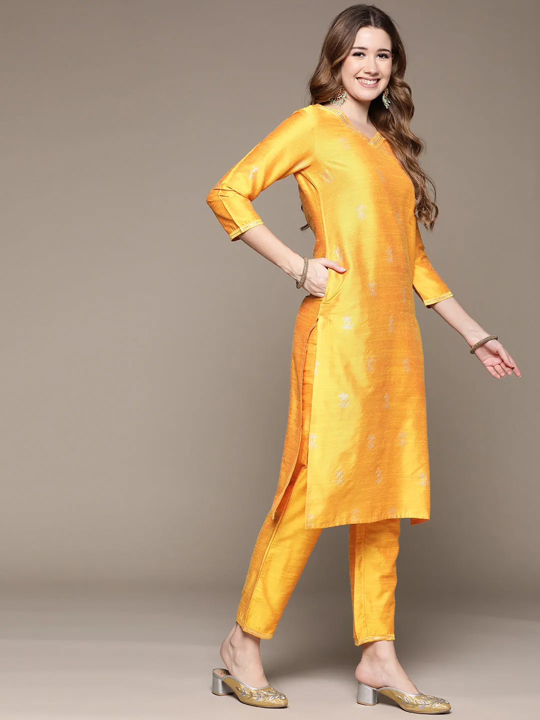 Anubhutee Women's Yellow Gold Printed Sequinned Kurta Set with Trousers and Dupatta