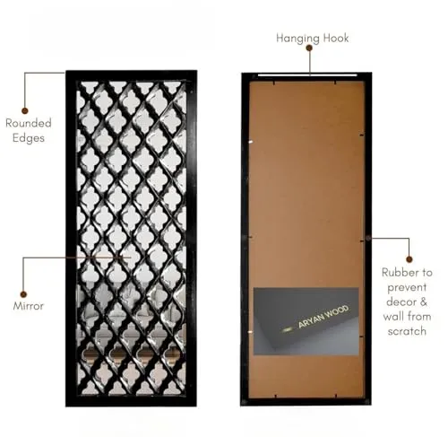 ARYAN WOOD- Wooden Decorative Wall Mirror Panel, Set Of 2 Wall Decor, Beautiful Square Shape Hand Carved Wall Hanging Panel Wall Art Decor 12x24 Inch Black
