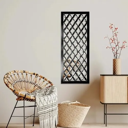 ARYAN WOOD- Wooden Decorative Wall Mirror Panel, Set Of 2 Wall Decor, Beautiful Square Shape Hand Carved Wall Hanging Panel Wall Art Decor 12x24 Inch Black