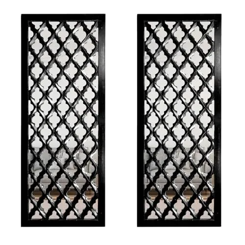 ARYAN WOOD- Wooden Decorative Wall Mirror Panel, Set Of 2 Wall Decor, Beautiful Square Shape Hand Carved Wall Hanging Panel Wall Art Decor 12x24 Inch Black