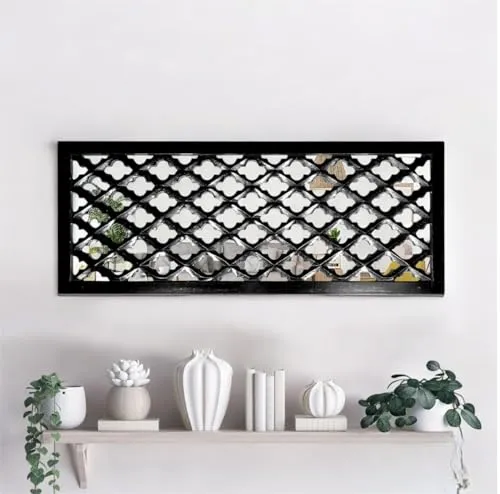 ARYAN WOOD- Wooden Decorative Wall Mirror Panel, Set Of 2 Wall Decor, Beautiful Square Shape Hand Carved Wall Hanging Panel Wall Art Decor 12x24 Inch Black