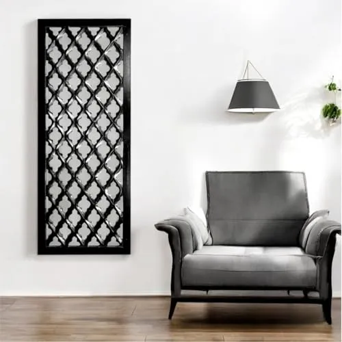 ARYAN WOOD- Wooden Decorative Wall Mirror Panel, Set Of 2 Wall Decor, Beautiful Square Shape Hand Carved Wall Hanging Panel Wall Art Decor 12x24 Inch Black