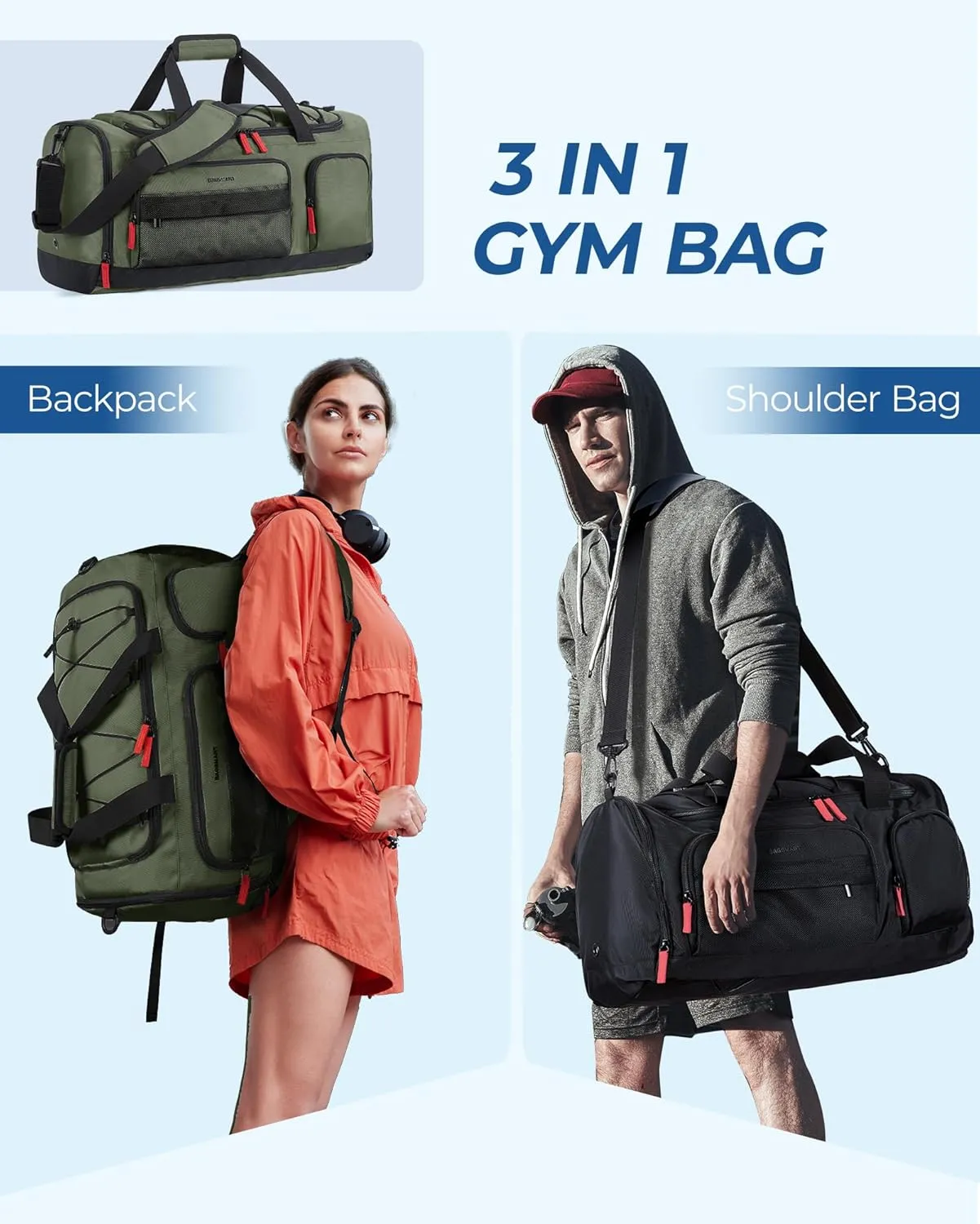 BAGSMART Gym Bag for Men&Women, 35L Sports Travel Duffel Bag with Shoe Laptop CompartmentAnti-Theft Carry On Weekender Bag for Airplane,Outdoor Overnight Backpack for Travel,Green