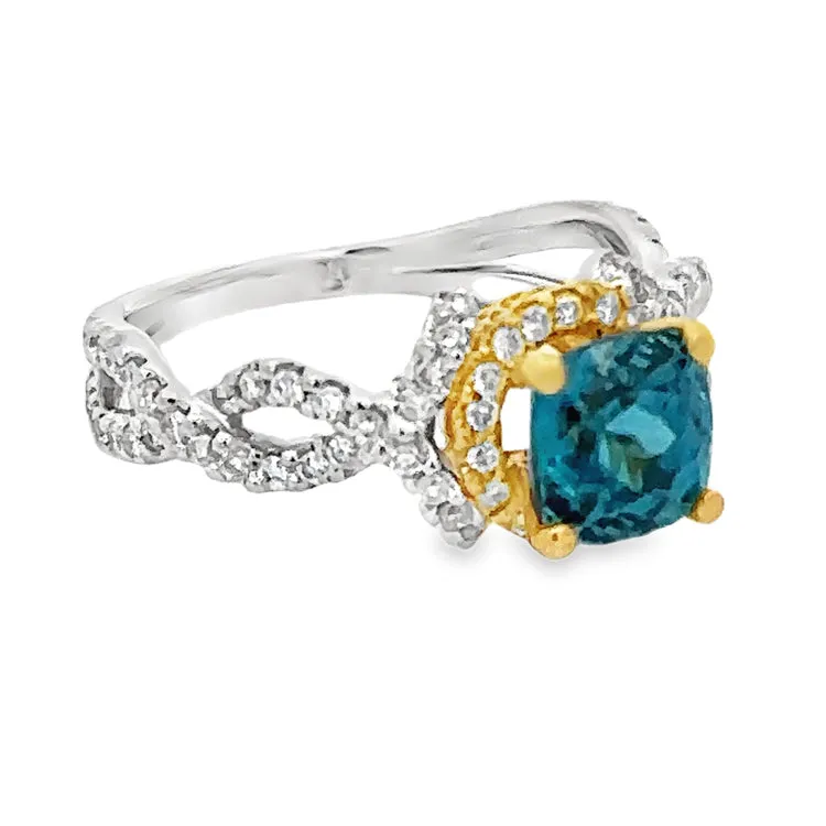 Blue Zircon and Diamonds Ring, 18Kt