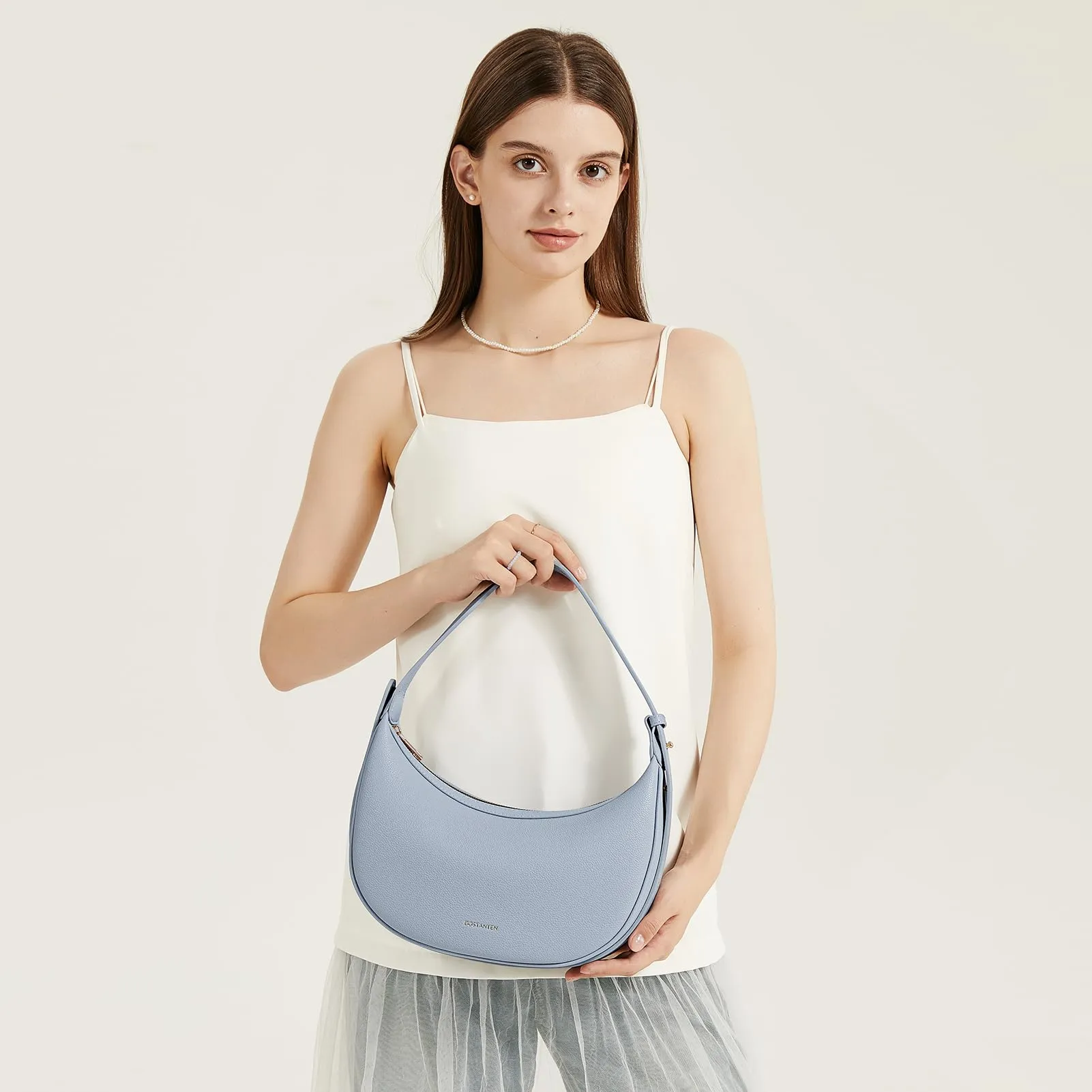 Bostanten Crescent Crossbody Hobo Purse Vegan Leather, Clutch Handbag Adjustable Strap, Light Blue