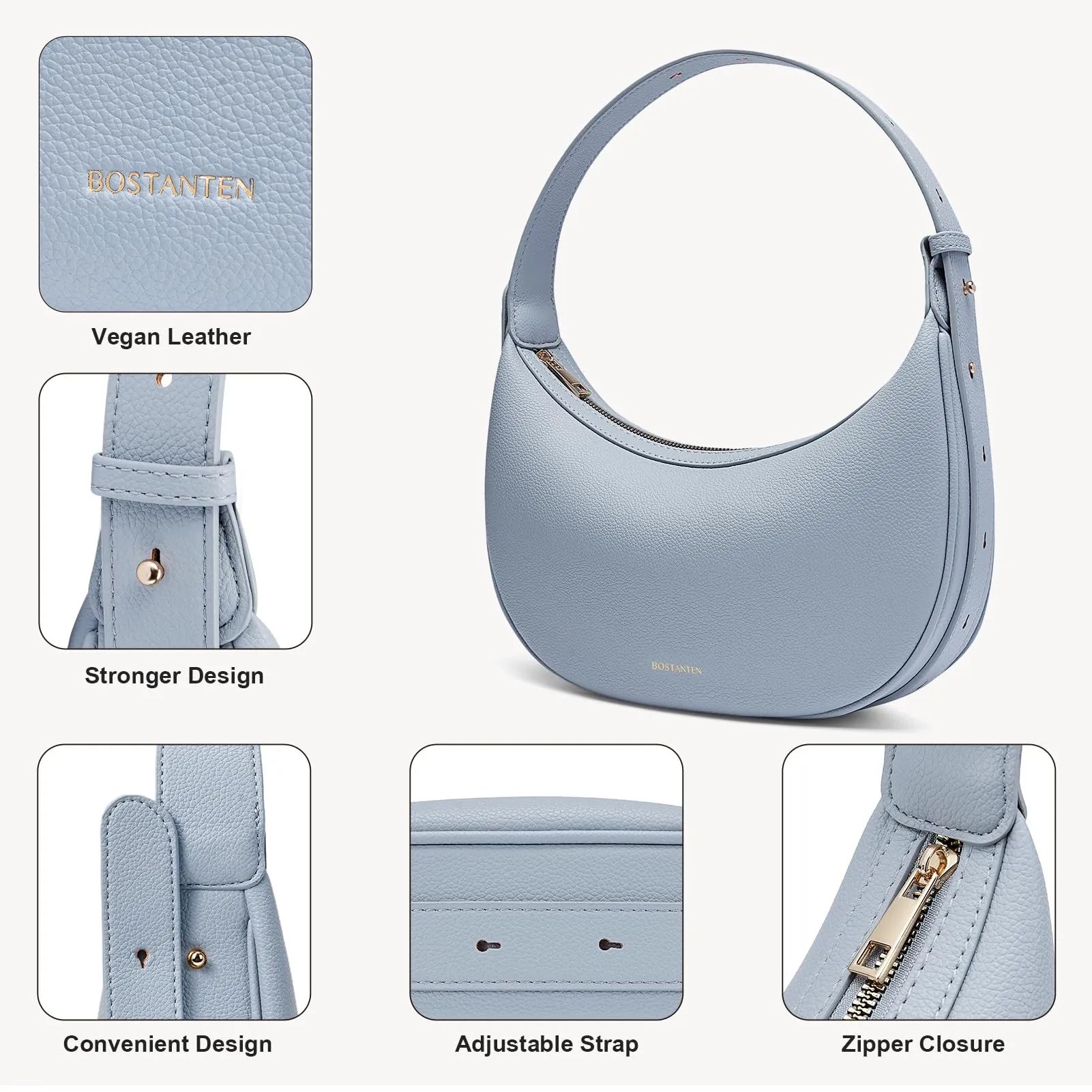 Bostanten Crescent Crossbody Hobo Purse Vegan Leather, Clutch Handbag Adjustable Strap, Light Blue