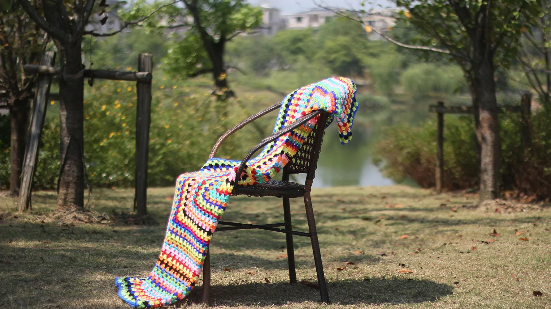 Color Striped Handmade Crochet Blanket Woven Cotton Thread Retro Pastoral Style Mat