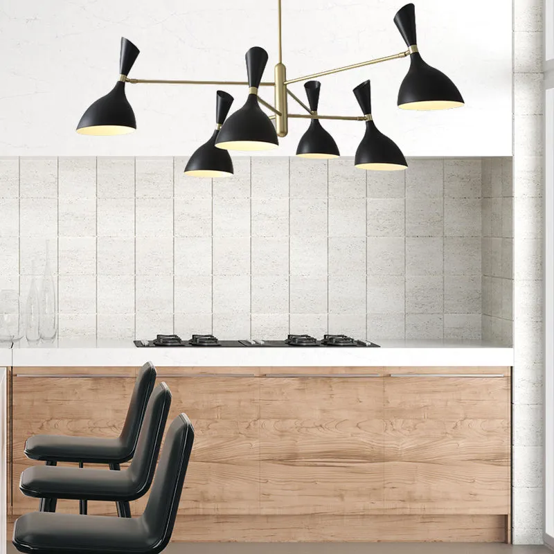 Contemporary Brass Chandelier with Funnel-Shaped Design and Black/White Shade