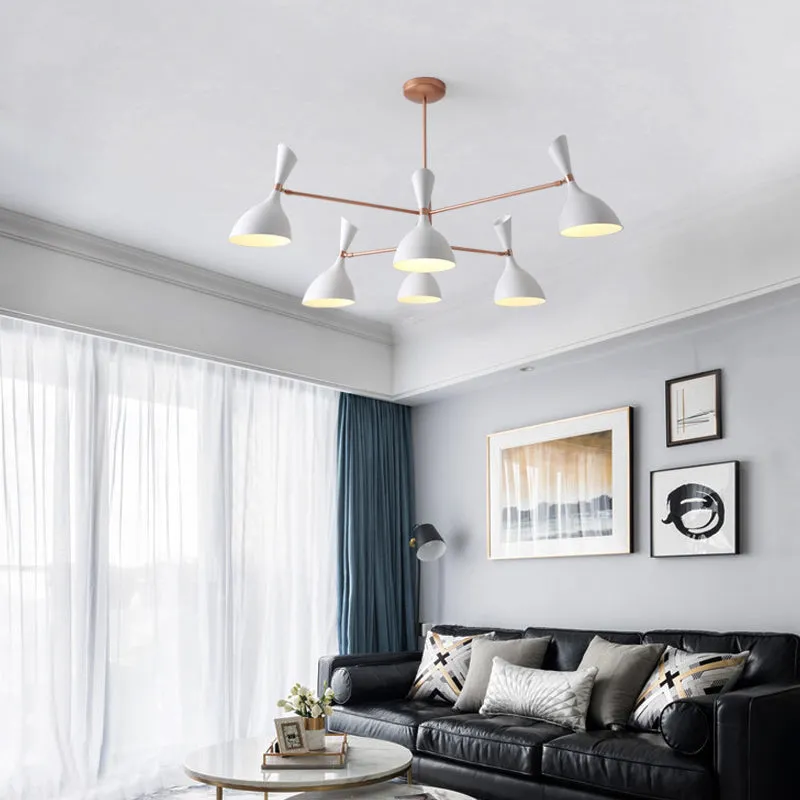 Contemporary Brass Chandelier with Funnel-Shaped Design and Black/White Shade
