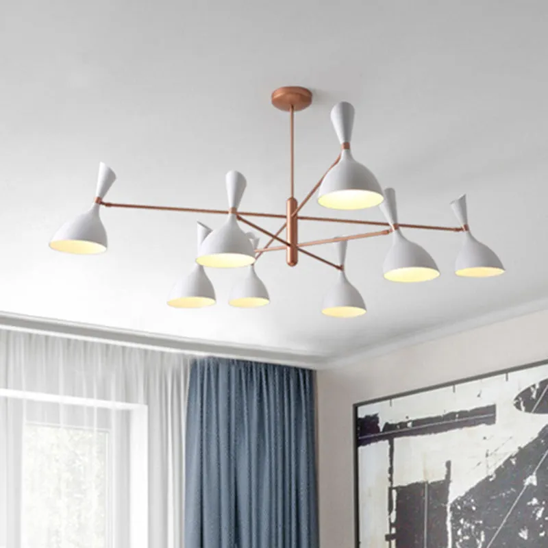 Contemporary Brass Chandelier with Funnel-Shaped Design and Black/White Shade