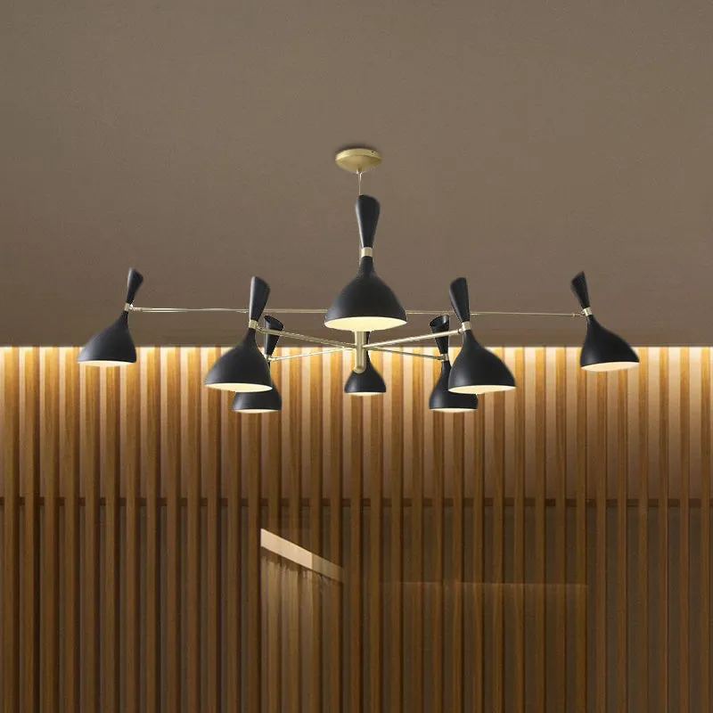 Contemporary Brass Chandelier with Funnel-Shaped Design and Black/White Shade