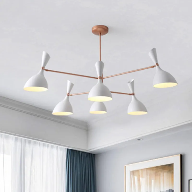 Contemporary Brass Chandelier with Funnel-Shaped Design and Black/White Shade