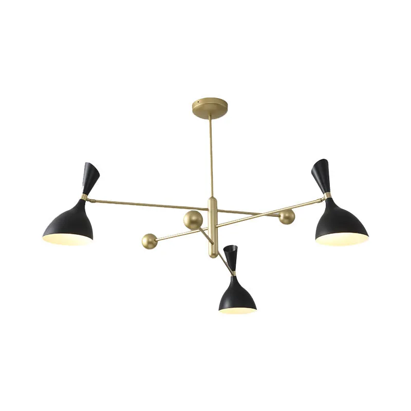 Contemporary Brass Chandelier with Funnel-Shaped Design and Black/White Shade