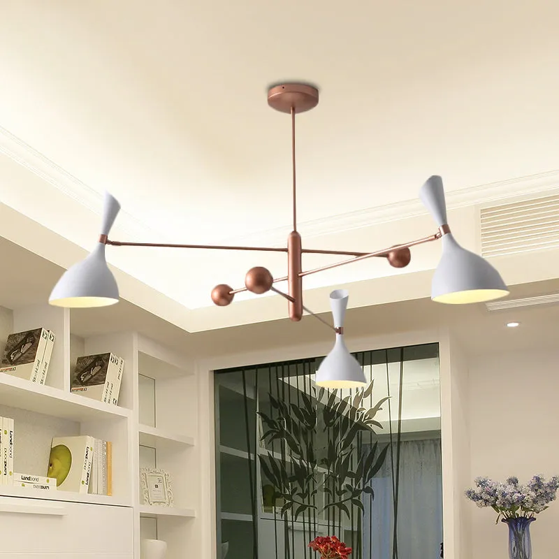 Contemporary Brass Chandelier with Funnel-Shaped Design and Black/White Shade