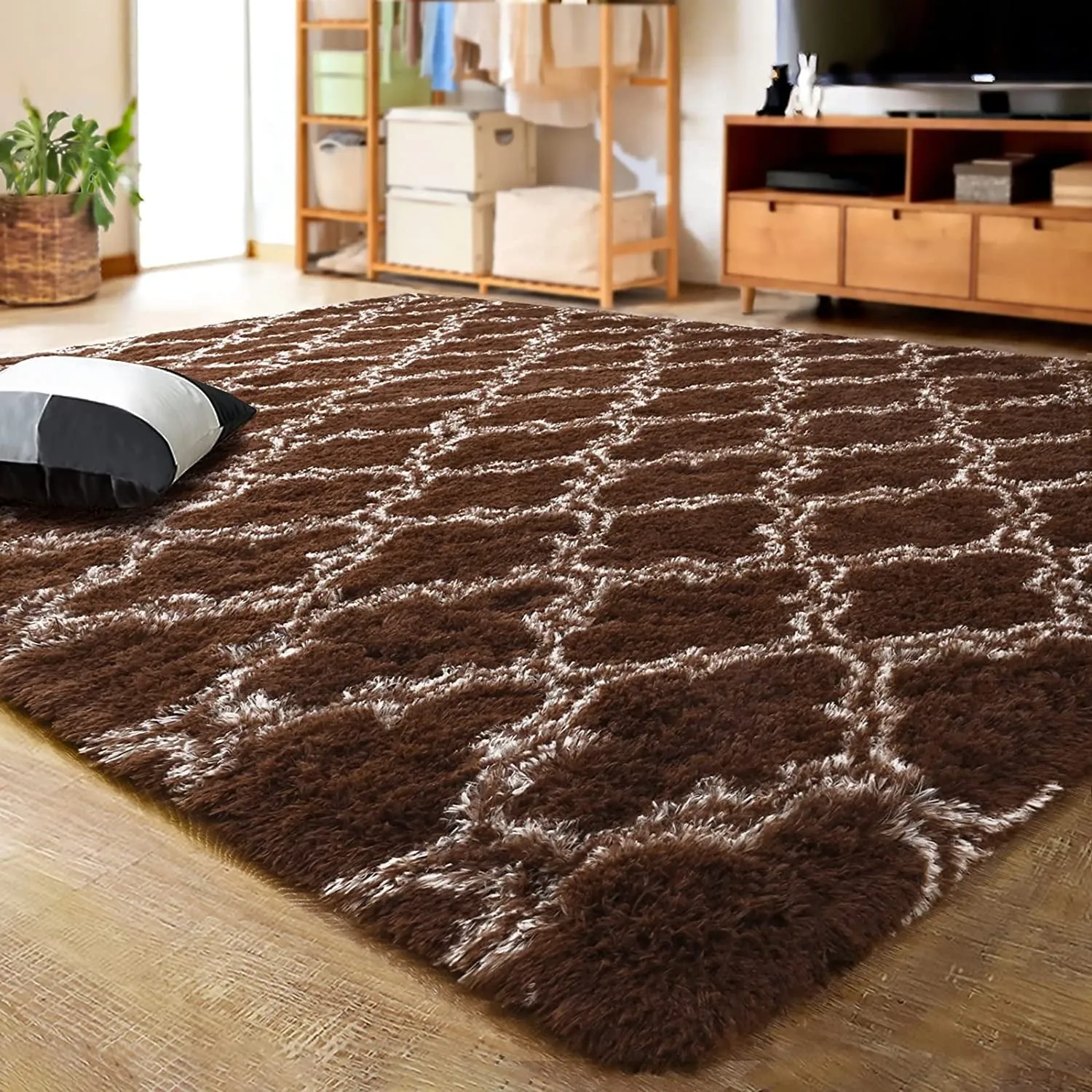 essential Shaggy Soft Rugs Bedroom Living Room Flully Carpet Home Decor Rug,5'x8',Dark Gray/White Brown/Beige 4' x 6'