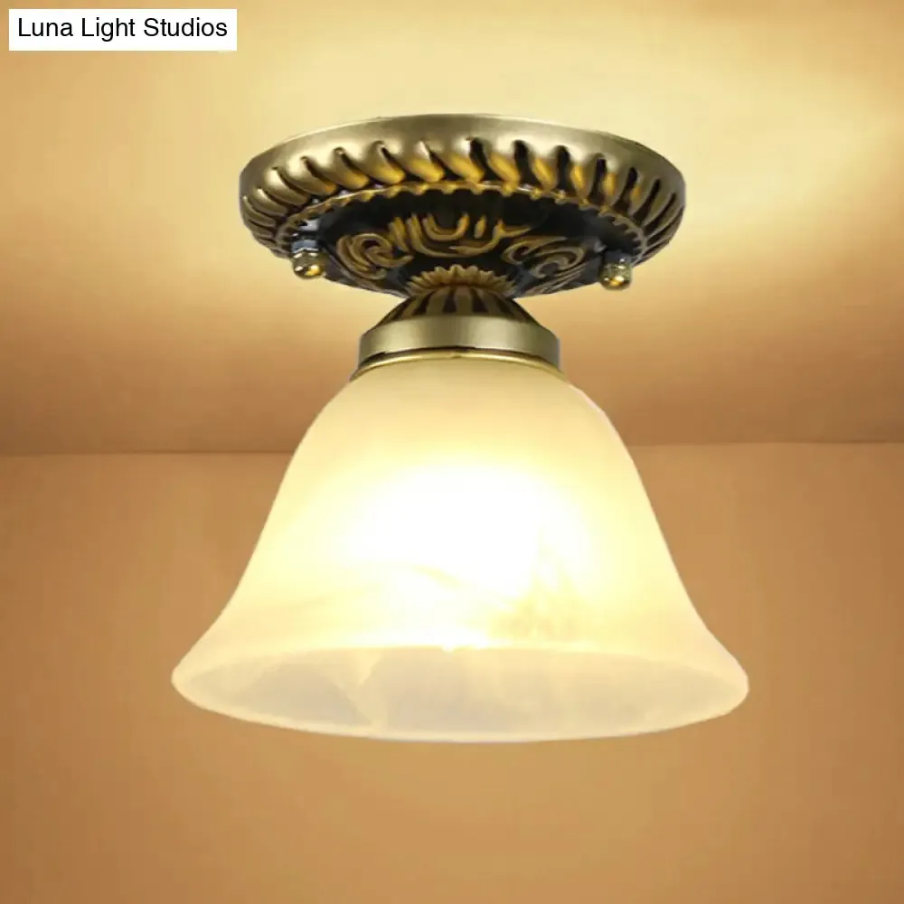Frosted Glass Semi Flush Mount Vintage Bronze Bell Ceiling Light