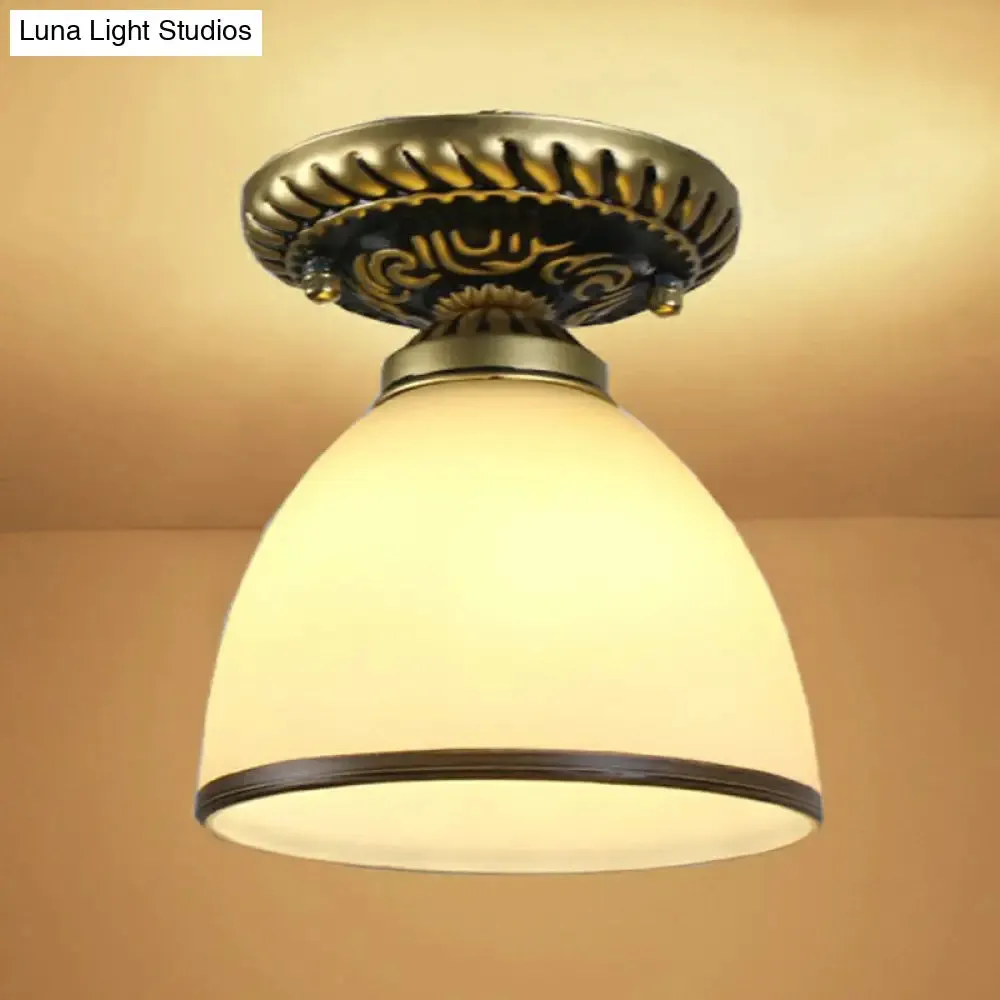 Frosted Glass Semi Flush Mount Vintage Bronze Bell Ceiling Light
