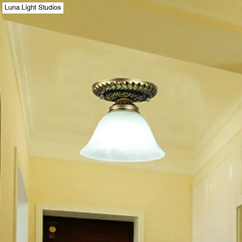 Frosted Glass Semi Flush Mount Vintage Bronze Bell Ceiling Light