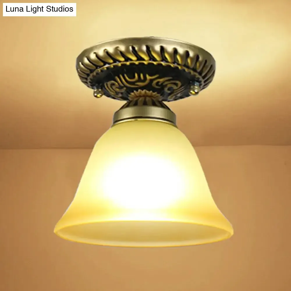 Frosted Glass Semi Flush Mount Vintage Bronze Bell Ceiling Light