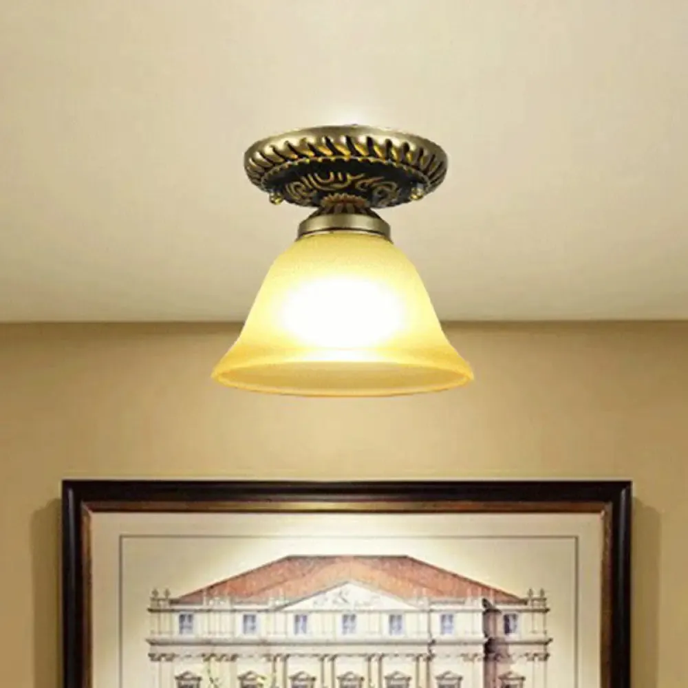 Frosted Glass Semi Flush Mount Vintage Bronze Bell Ceiling Light