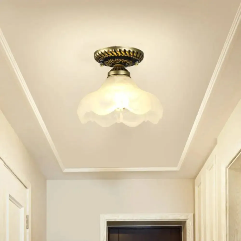 Frosted Glass Semi Flush Mount Vintage Bronze Bell Ceiling Light