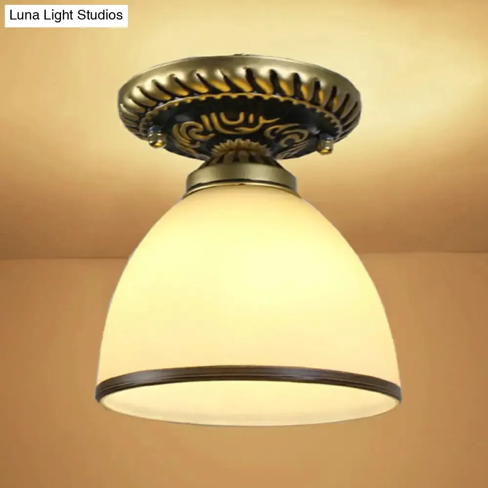 Frosted Glass Semi Flush Mount Vintage Bronze Bell Ceiling Light