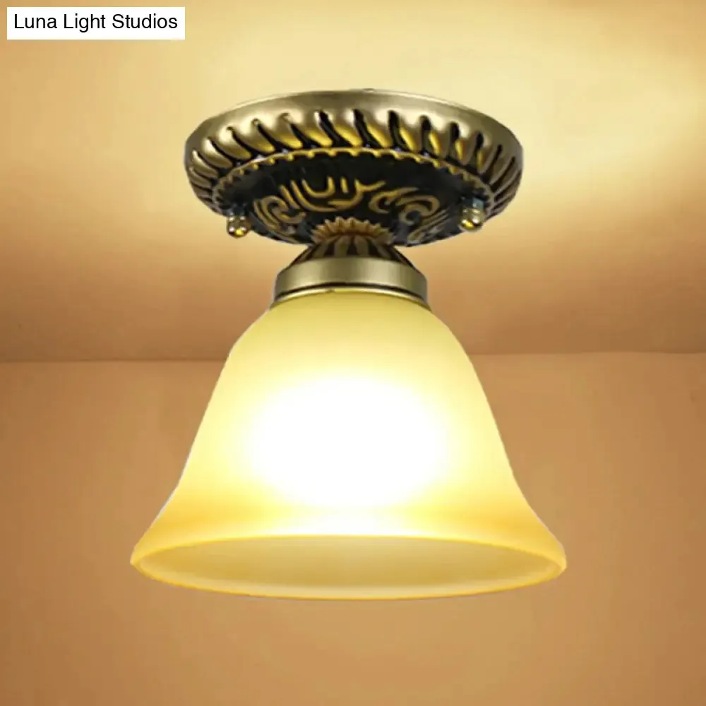Frosted Glass Semi Flush Mount Vintage Bronze Bell Ceiling Light