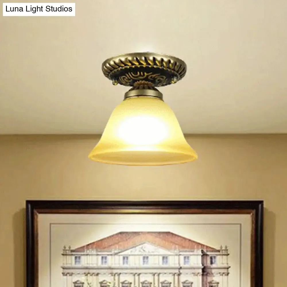 Frosted Glass Semi Flush Mount Vintage Bronze Bell Ceiling Light