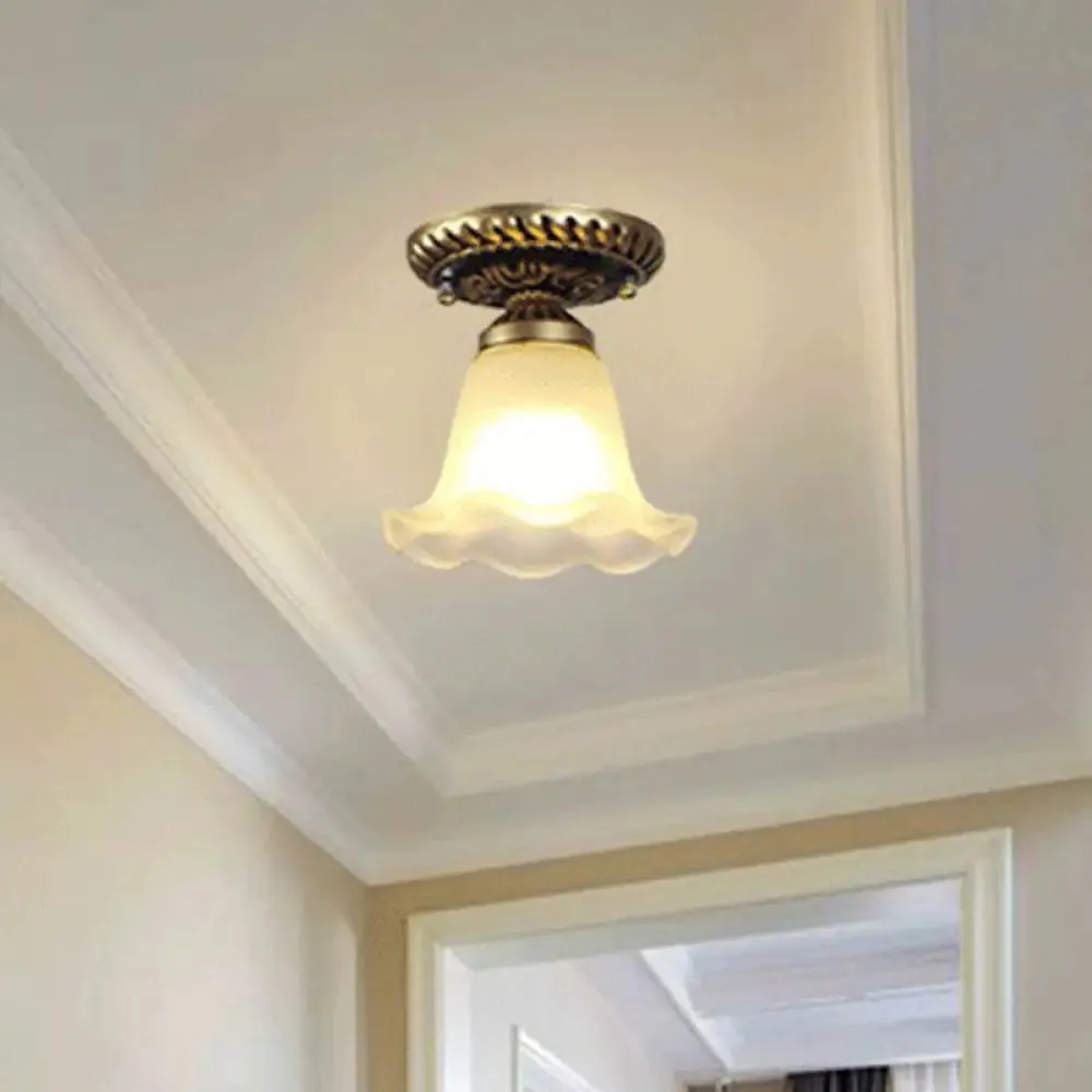Frosted Glass Semi Flush Mount Vintage Bronze Bell Ceiling Light