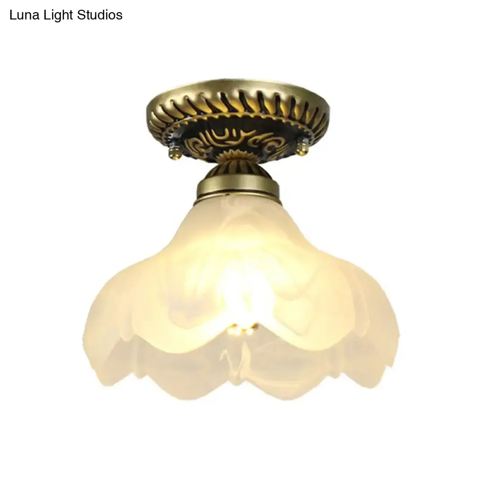 Frosted Glass Semi Flush Mount Vintage Bronze Bell Ceiling Light