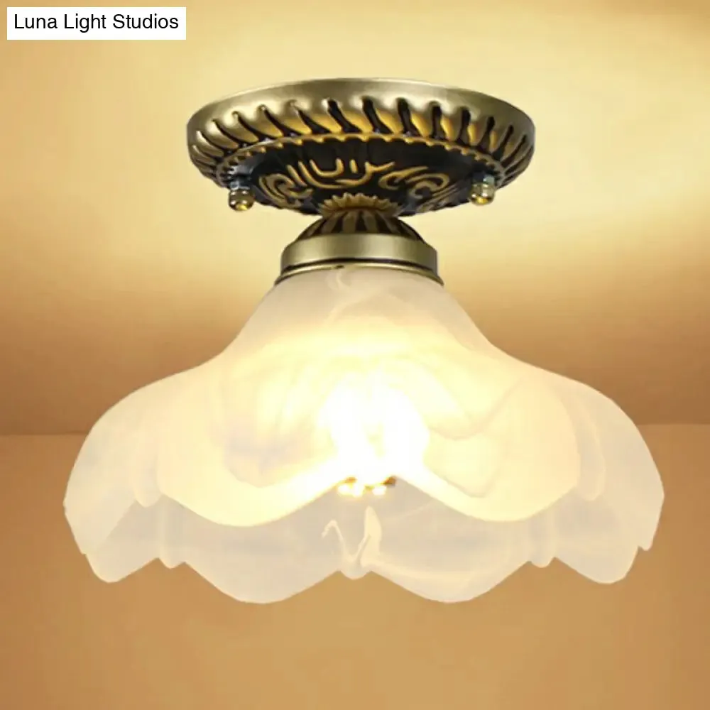 Frosted Glass Semi Flush Mount Vintage Bronze Bell Ceiling Light