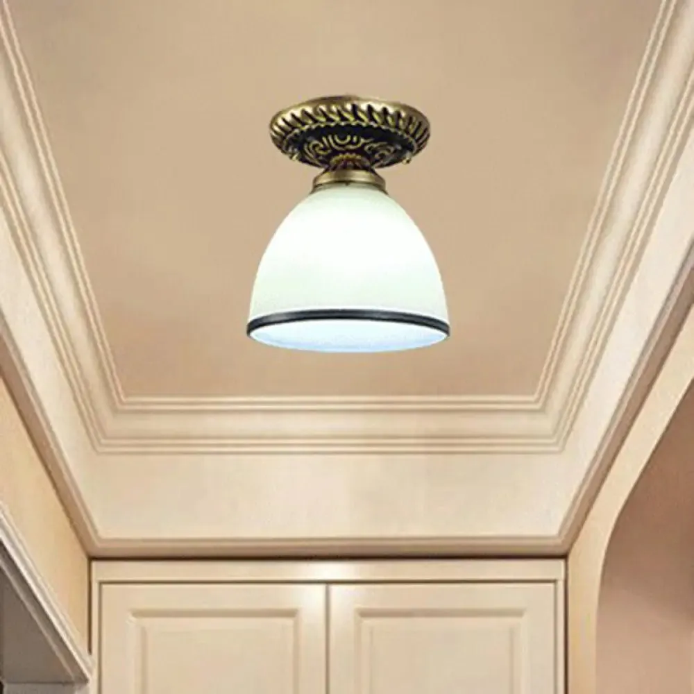 Frosted Glass Semi Flush Mount Vintage Bronze Bell Ceiling Light