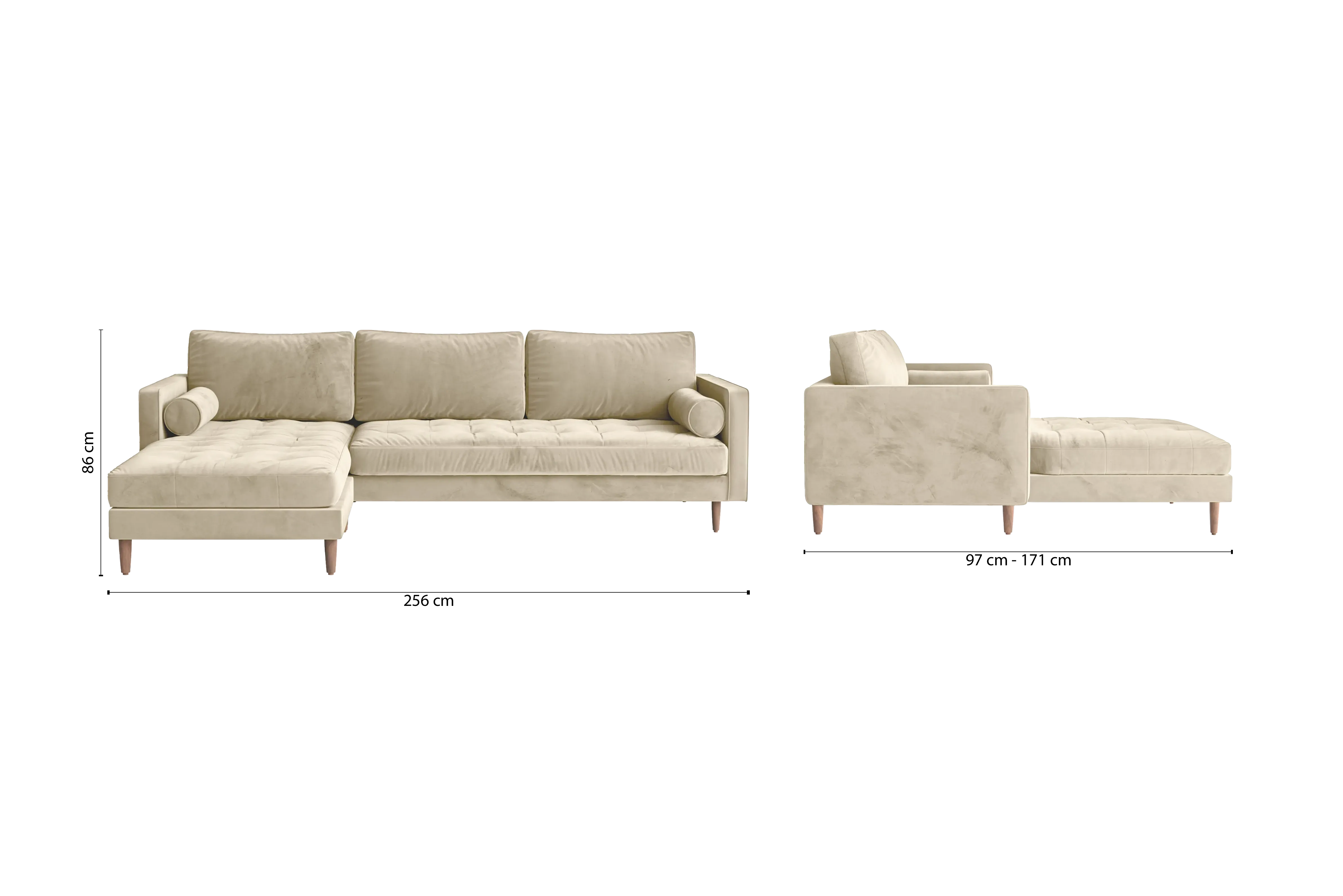 Gela 3 Seater Left Hand Facing Chaise Lounge Corner Sofa Cream Velvet
