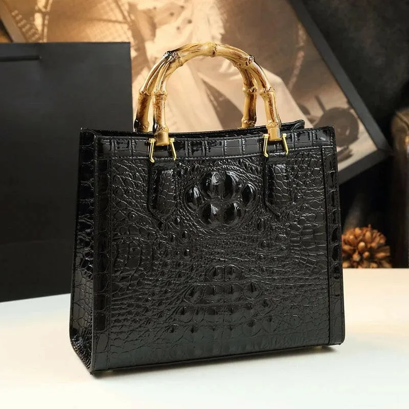 Green Crocodile Pattern Ladies Handbag with Genuine Leather Bamboo Handle