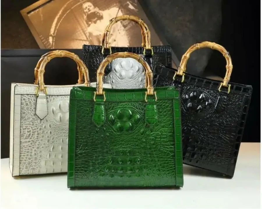 Green Crocodile Pattern Ladies Handbag with Genuine Leather Bamboo Handle