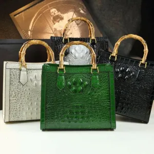Green Crocodile Pattern Ladies Handbag with Genuine Leather Bamboo Handle