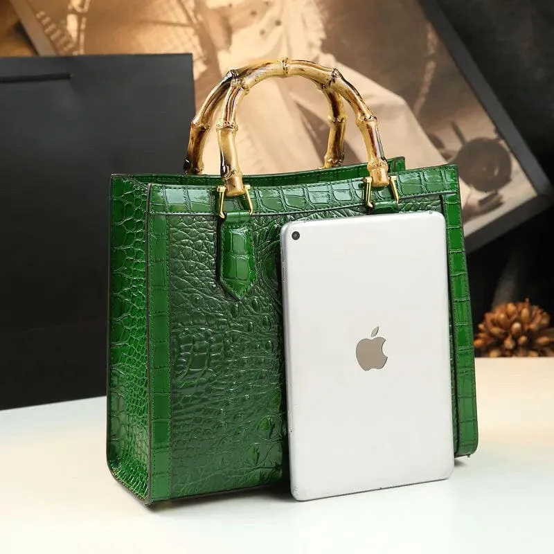 Green Crocodile Pattern Ladies Handbag with Genuine Leather Bamboo Handle