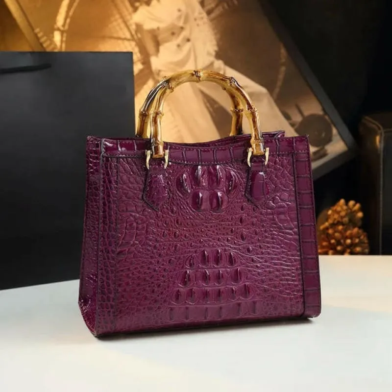 Green Crocodile Pattern Ladies Handbag with Genuine Leather Bamboo Handle