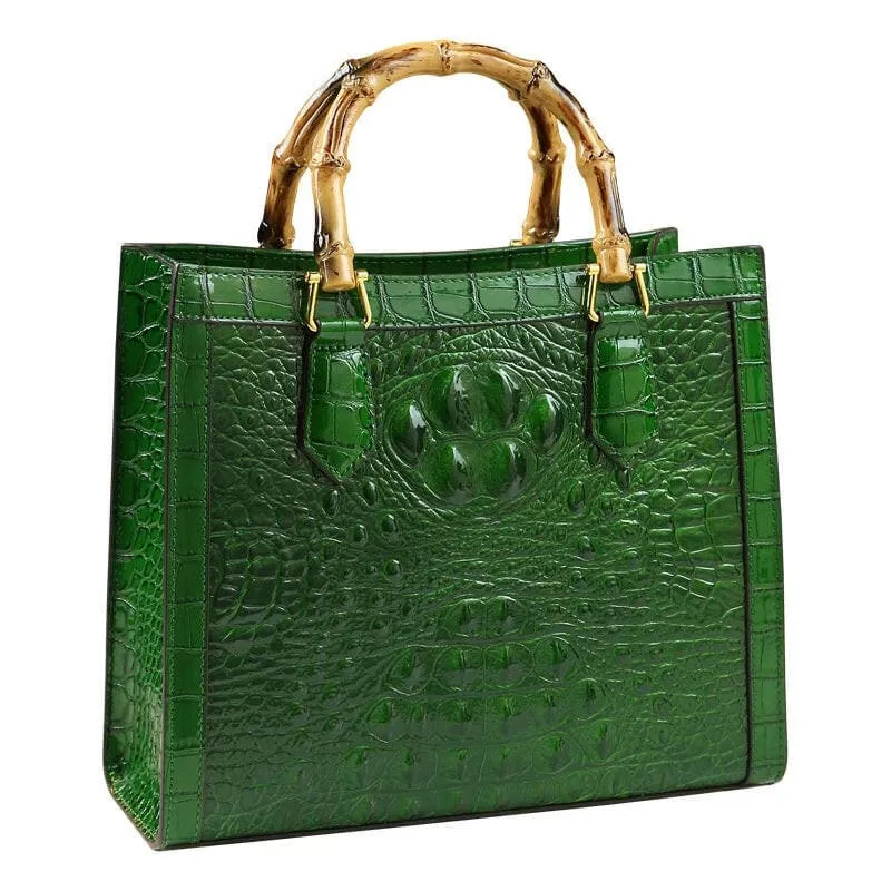 Green Crocodile Pattern Ladies Handbag with Genuine Leather Bamboo Handle