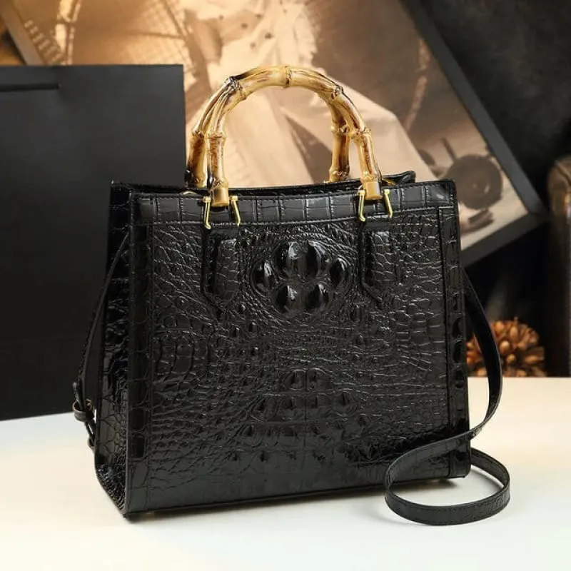 Green Crocodile Pattern Ladies Handbag with Genuine Leather Bamboo Handle