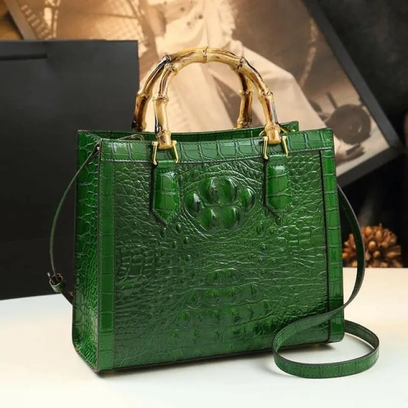 Green Crocodile Pattern Ladies Handbag with Genuine Leather Bamboo Handle
