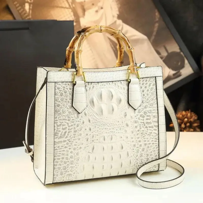Green Crocodile Pattern Ladies Handbag with Genuine Leather Bamboo Handle