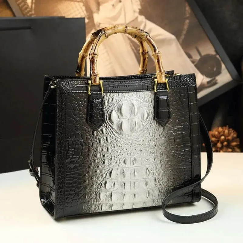 Green Crocodile Pattern Ladies Handbag with Genuine Leather Bamboo Handle