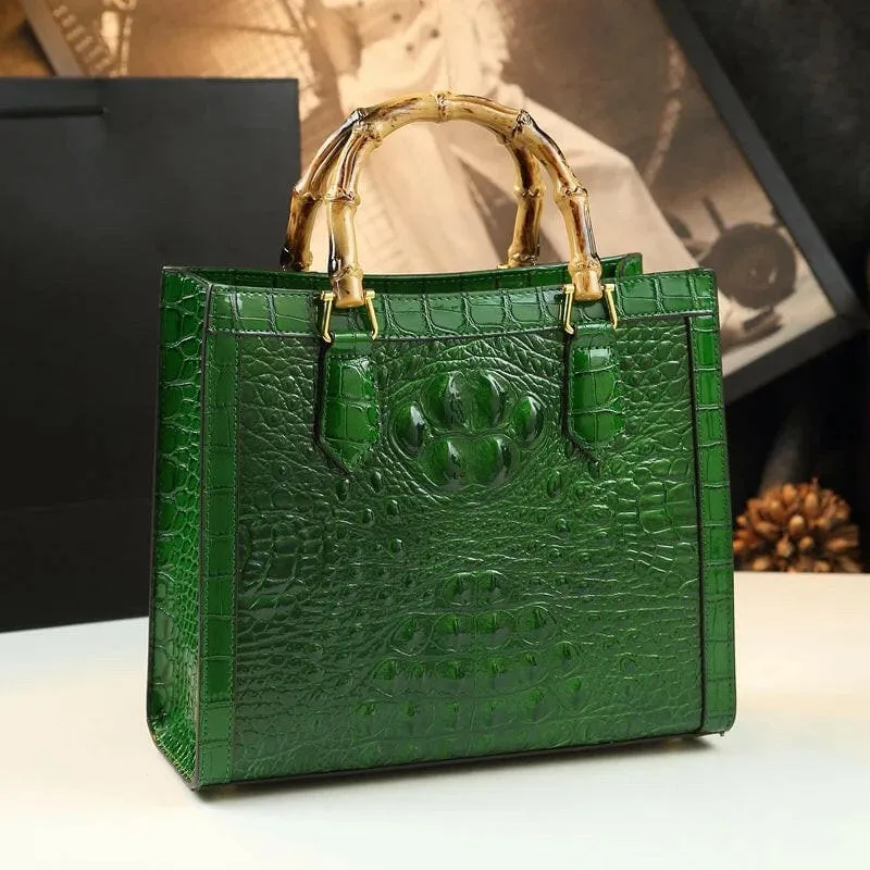 Green Crocodile Pattern Ladies Handbag with Genuine Leather Bamboo Handle