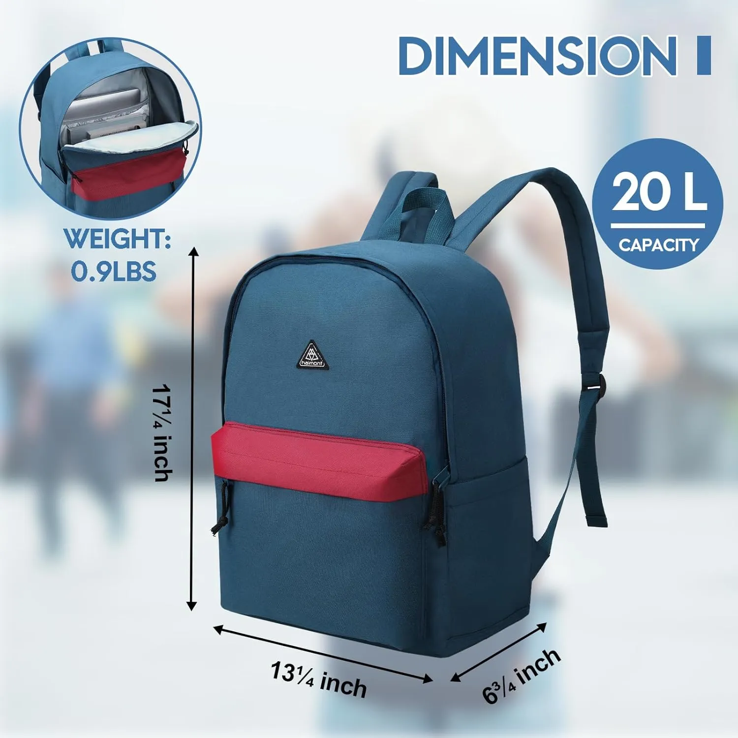 Haimont Backpack Work, Travel, Laptop Bookbag with Water Bottle Pocket, 20L Casual Daypack, Navy/Red