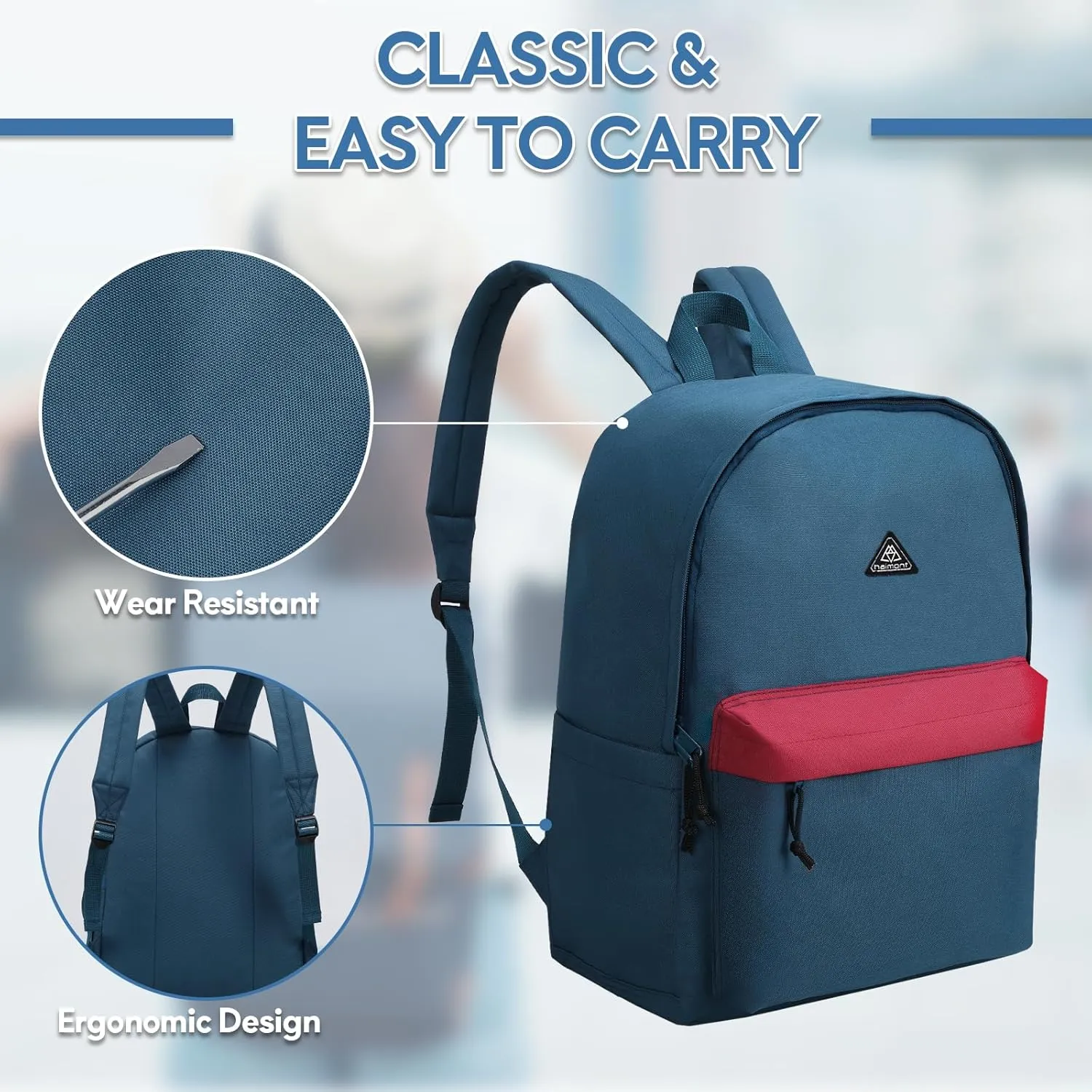 Haimont Backpack Work, Travel, Laptop Bookbag with Water Bottle Pocket, 20L Casual Daypack, Navy/Red
